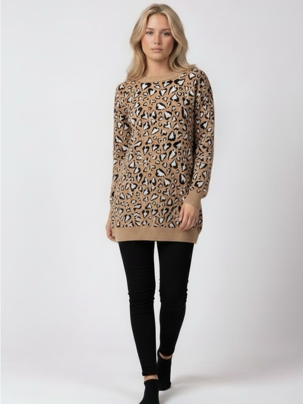 Time and Tru Leopard-Print Tunic Sweater in Tan and Black